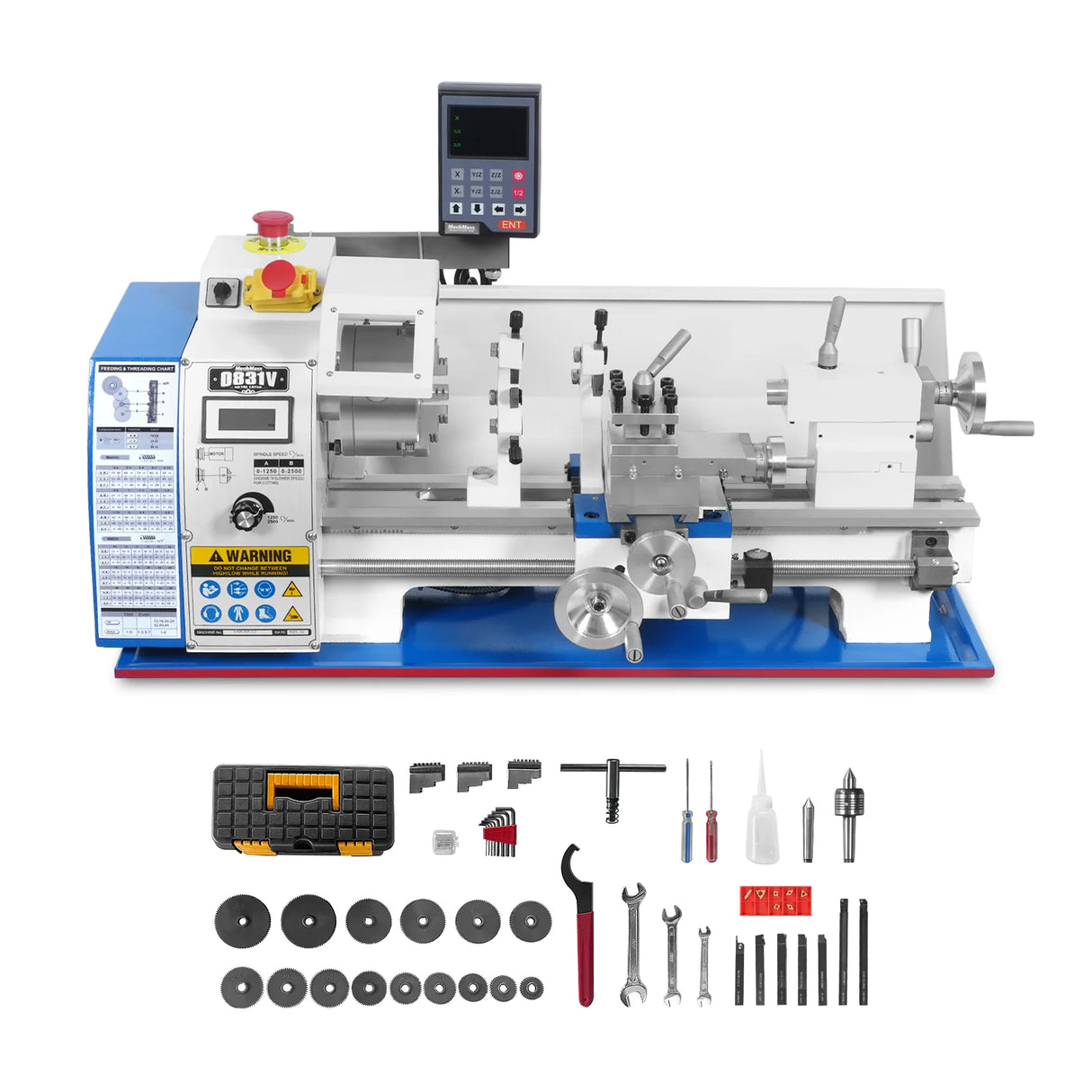 MechMaxx 1.5‘’ Spindle Bore Metal Lathe Machine with DRO 8'' x 16'' High Precision Brushless Motor Mini 1.5HP Benchtop 0-2500 RPM Variable Speed Metal Working Machine 1.5‘’ Spindle Bore Small Lathe without Stand 0831VD
