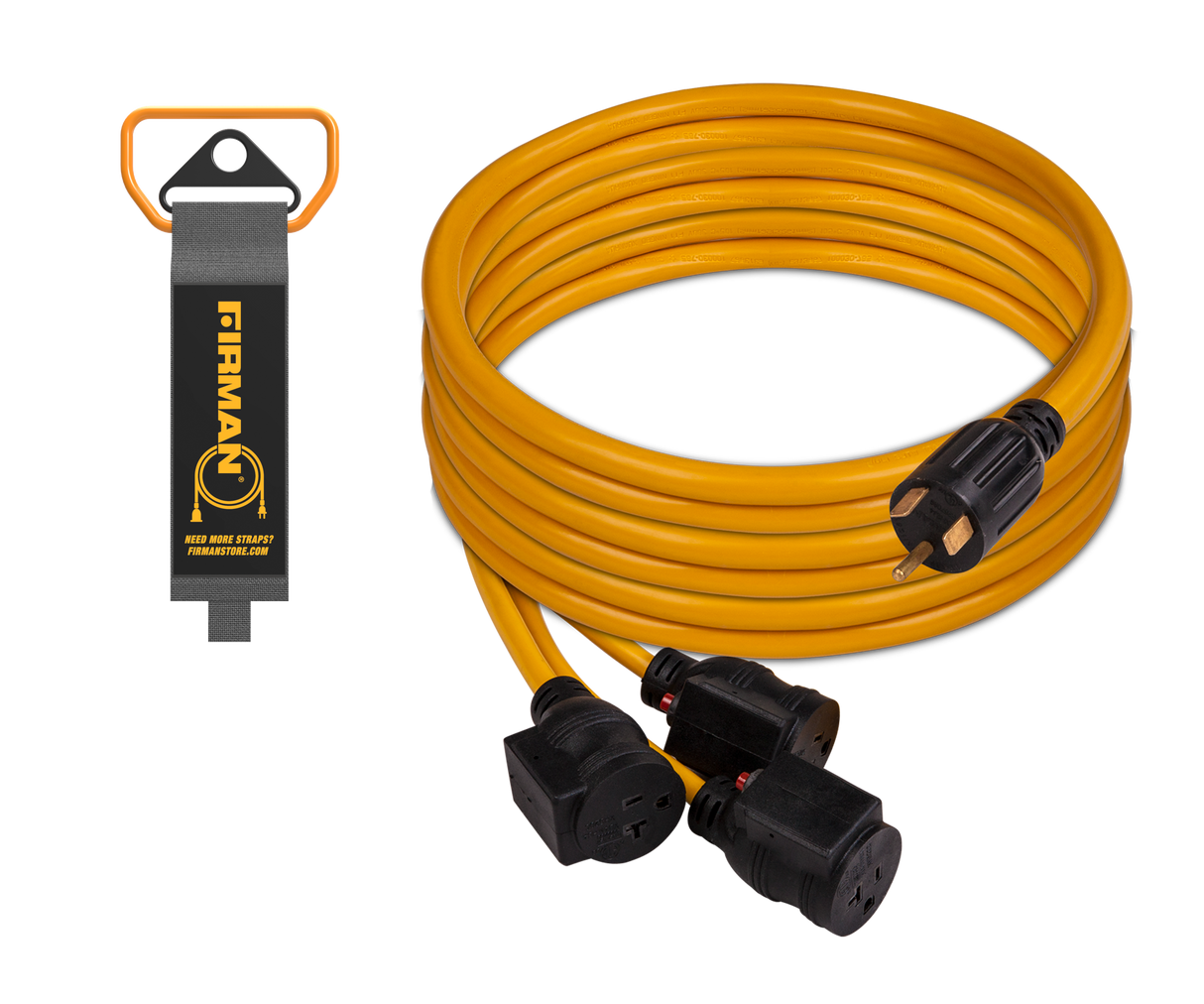 25' Heavy Duty TT-30P to (3)5-20R Portable Generator Power Cord With Storage Strap