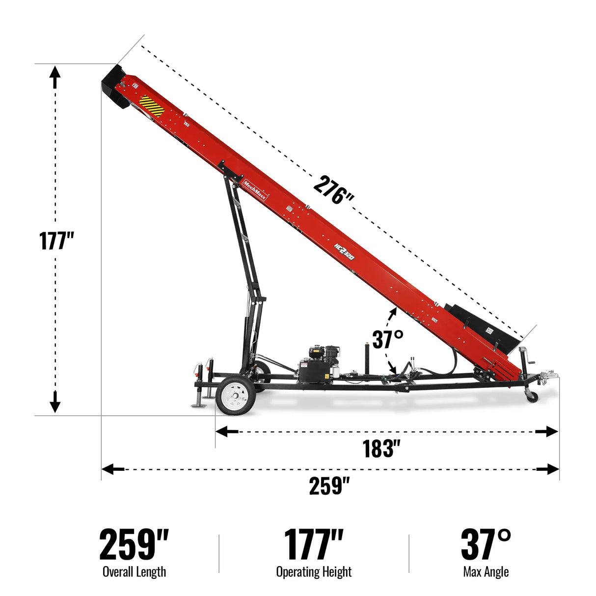 Heavy Duty Conveyor, 9HP 270cc Gasoline Powered Max. 180" Lift Height, 276'' Length, 24" Width, HC2320