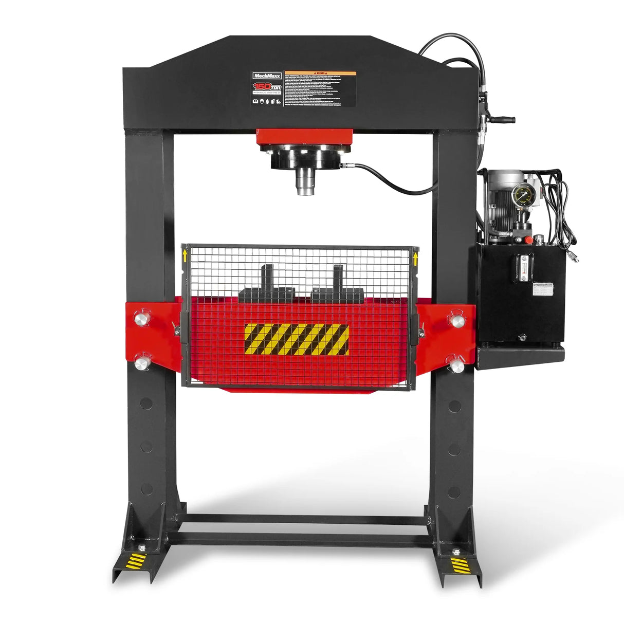 150 Ton H-Frame Electric Hydraulic Shop Press with Double-Acting Cylinder & Chain-Driven Table Lift, 110V Motor, Fully Welded Steel Frame, Safety Guard, HSP150E