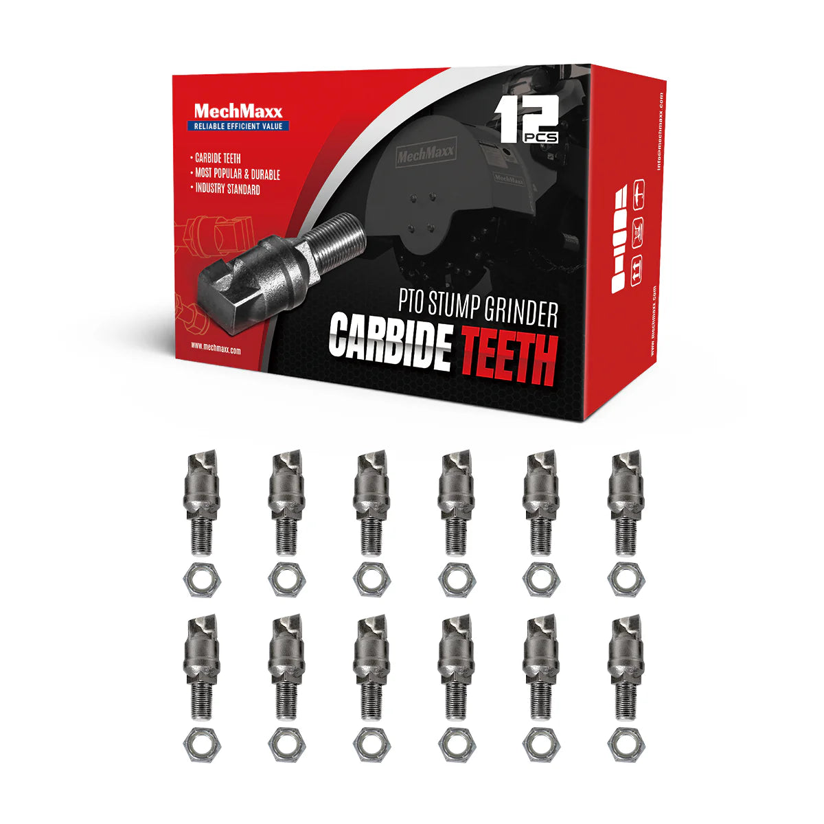 (1 Pack / 12 Pcs) Teeth and Nuts for Stump Grinder SG24; SG24PRO; SG28; SG30PRO; SG61, (SKU: 150151;150151G;150181;150181G;150182;150182G;150183;150183G;150501; 150602)