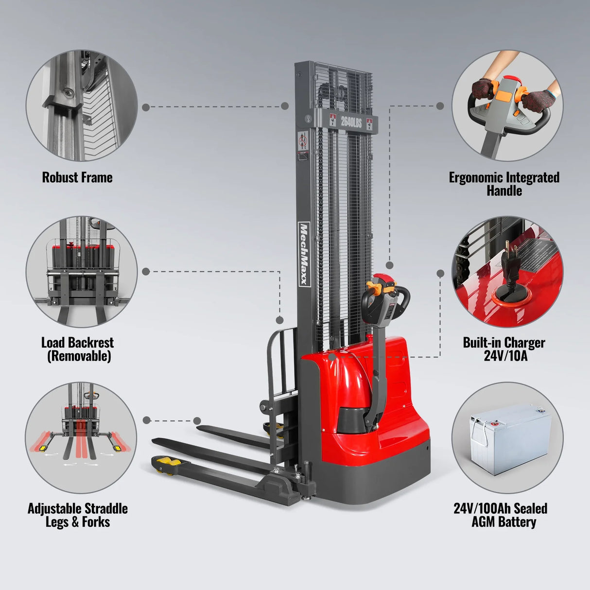 2640lbs Electric Straddle Stacker, 138" Lift, Adjustable Legs & Forks, F26-138SLA