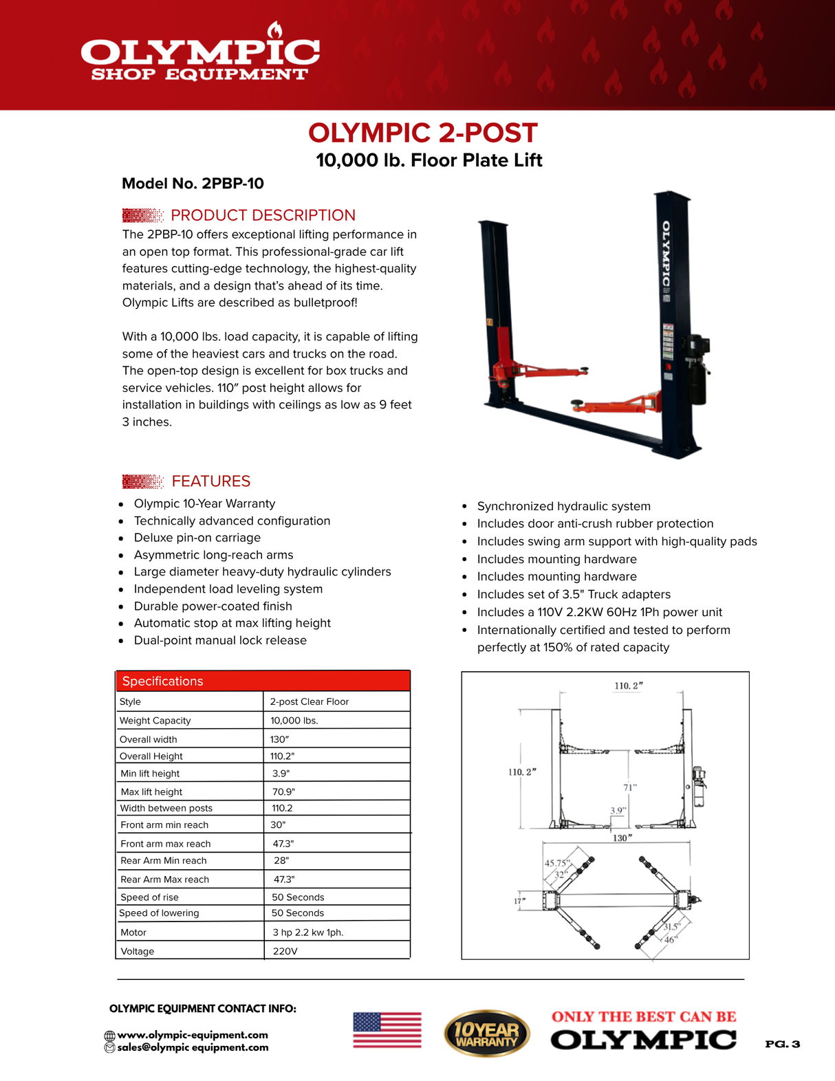 Olympic Equipment 10,000 lb Base Plate 2-Post Car Lift 2PBP-10