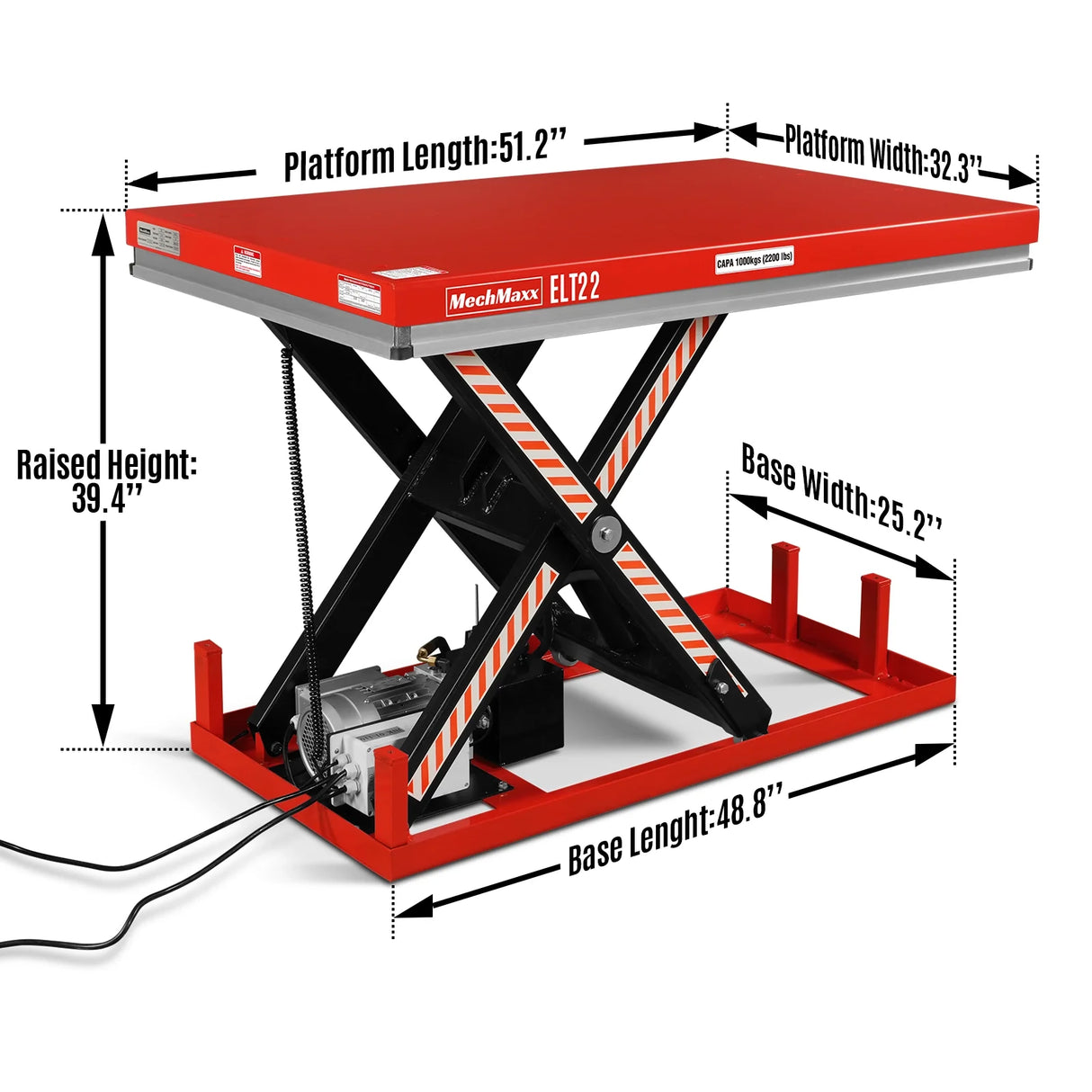 2200lb Capacity Stationary Electric Hydraulic Lift Table , 51.2" x 32.3" Platform, 39.4" Lift Height , UL Certified Motor, ELT22
