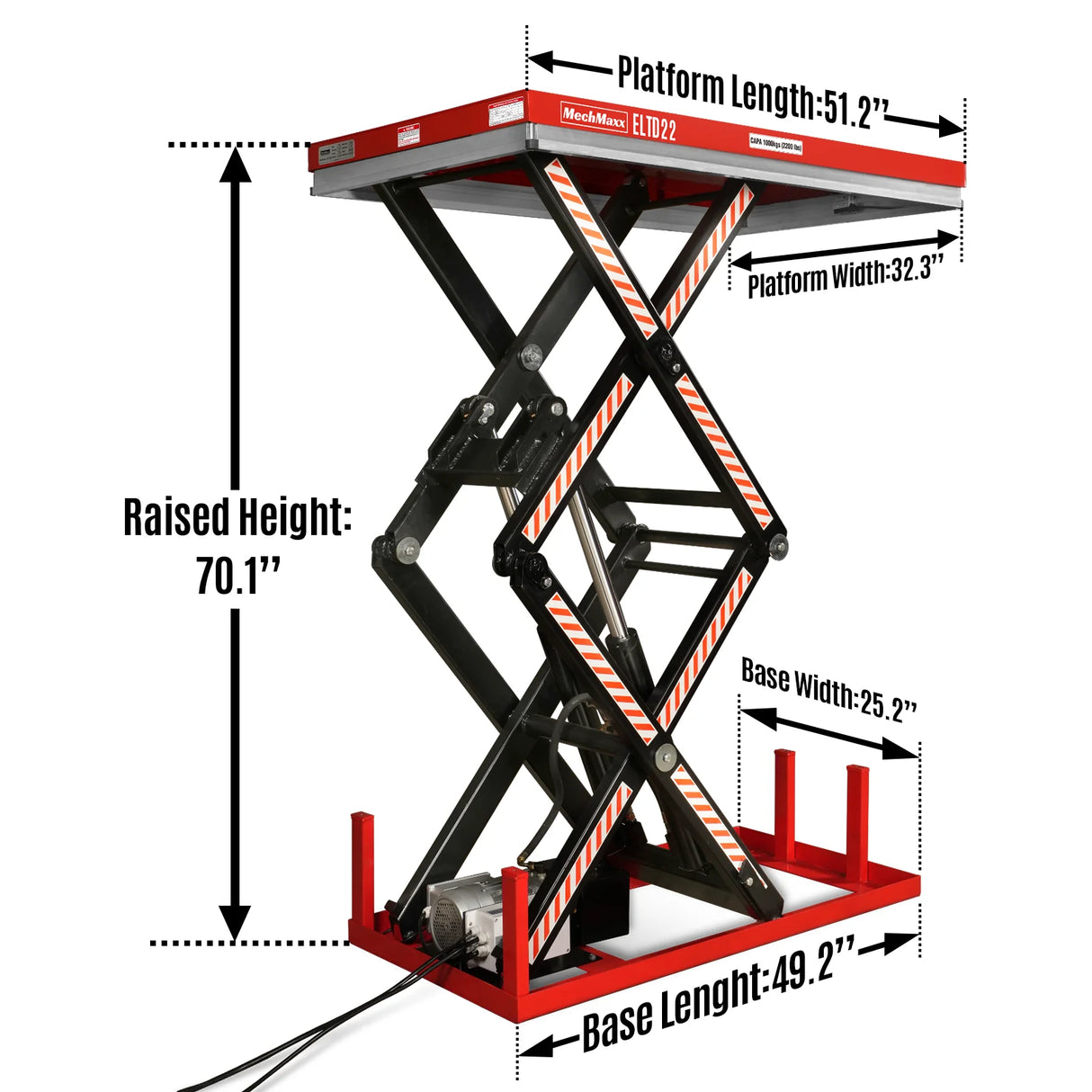 2200 lbs Capacity Stationary Electric Hydraulic Double Scissor Lift Table - 51.2" x 32.3" Platform, 70.1" Lift Height, UL Certified Motor, ELTD22