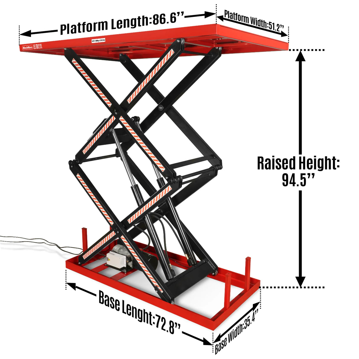 2200 lbs Capacity Stationary Powered Hydraulic Double Scissor Lift Table, 86.6" x 51.2" Platform, 94.5" Lift Height, UL Certified Motor, ELTD22L