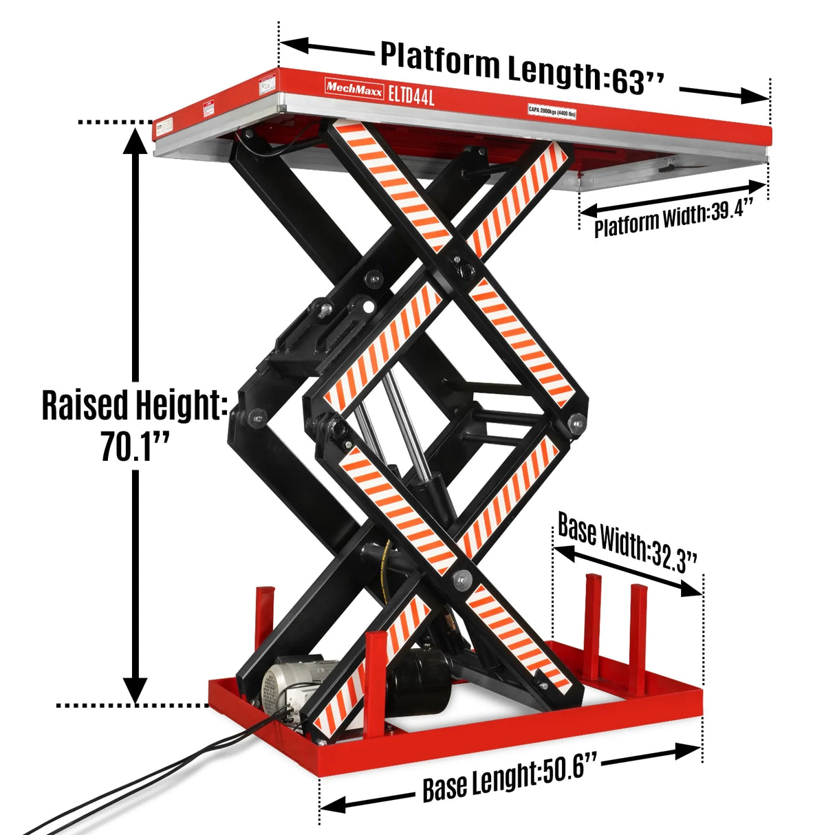 4400 lb Capacity Stationary Electric Hydraulic Double Scissor Lift Table - 63" x 39.4" Platform, 70.1" Lift Height, UL Certified Motor, ELTD44L