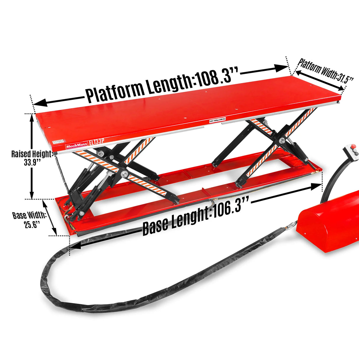 Stationary Electric Hydraulic Parallel Double Scissor Lift Table 3300lb Capacity, 108.3" x 31.5" Platform, 33.9" Lift Height, UL Certified Motor, ELT33P