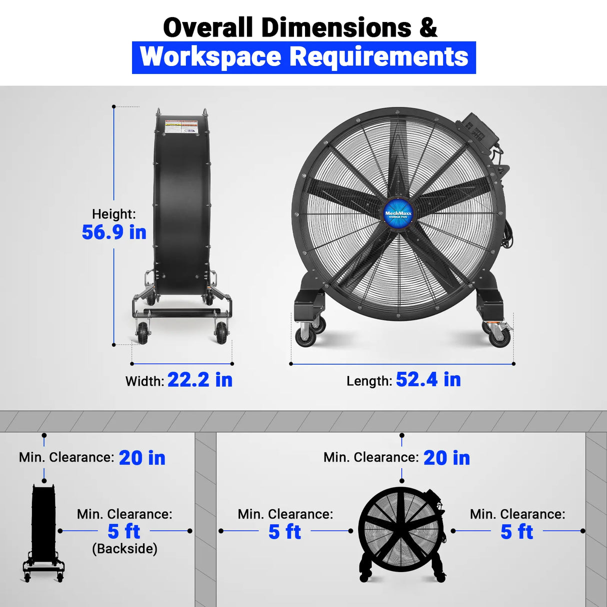 47" Portable Industrial Fan with Variable High-Efficiency PMSM Motor,Mobile High Volume Floor Fan for Warehouse,Workshop & Gym