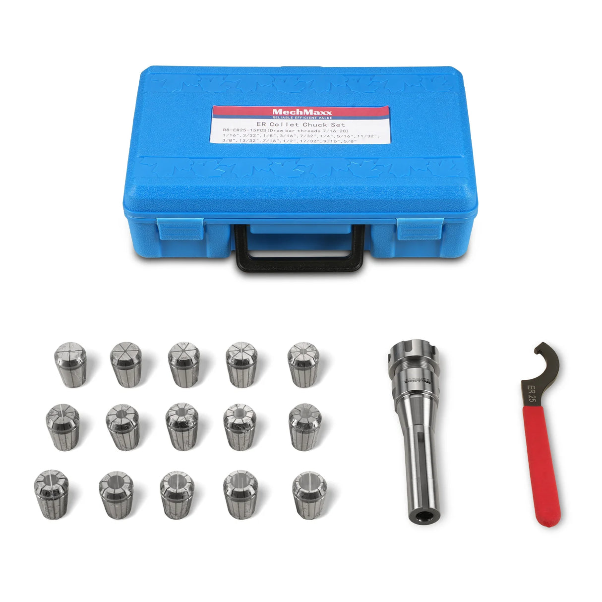 Set of 15 pcs Collets 1/16"-5/8" mm, with Holder ER25 R8 (INCH TYPE) for SKU: 500200 | Model: VM18L SKU: 500201 | Model: VM18LD SKU: 500202 | Model: VM25L SKU: 500203 | Model: VM25LD SKU: 500204 | Model: VM32L SKU: 500205 | Model: VM32LD