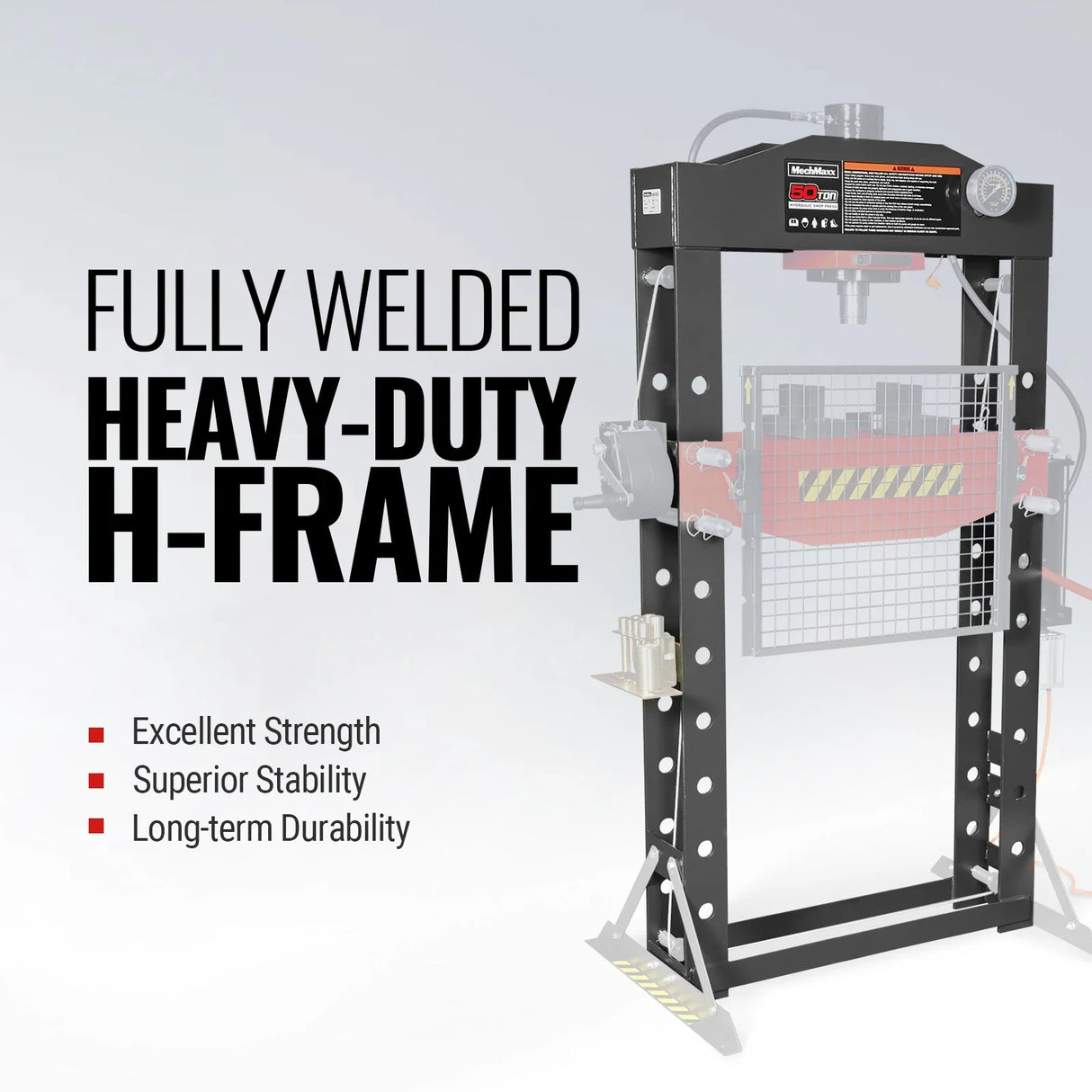 50 Ton H-Frame Air/Hydraulic Shop Press with Hand Winch & Press Pin Kit, Fully Welded Steel Frame, Safety Guard, Foot Pedal Control, HSP50