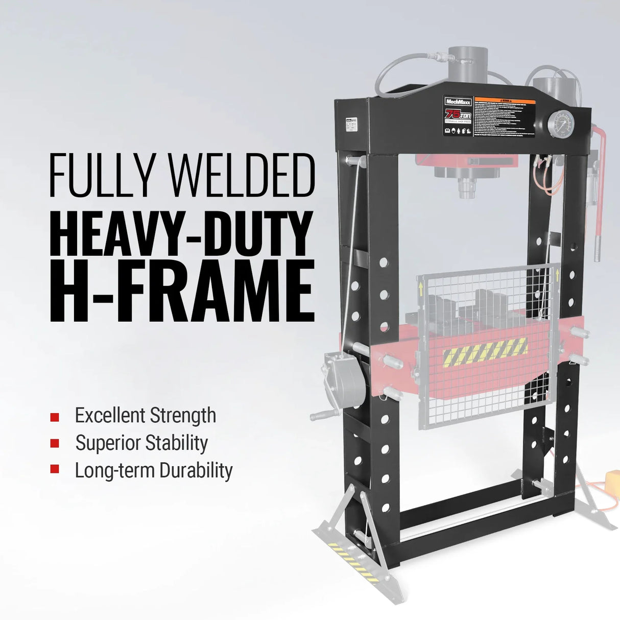 75 Ton H-Frame Air/Hydraulic Shop Press with Hand Winch, Fully Welded Steel Frame, Safety Guard, Foot Pedal Control, HSP75