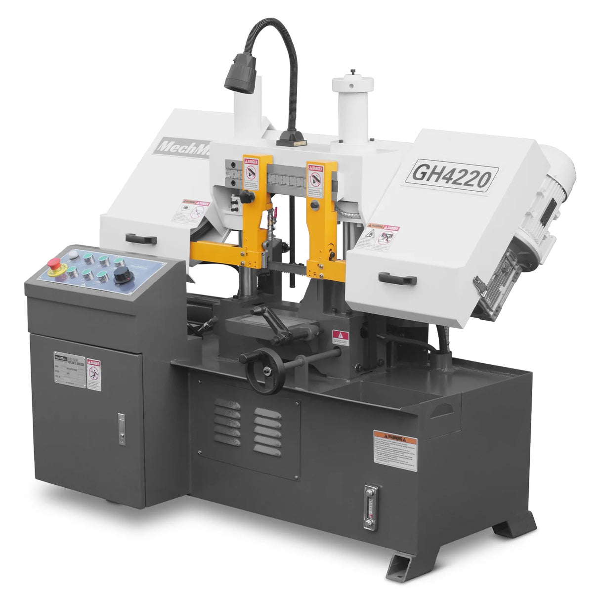 MechMaxx 8 Inch 7-7/8" x 7-7/8" Capacity Double Column Horizontal Metal Cutting Band Saw, Vertical Lifting, Gearbox Driven Two-Speed Motor, Hydraulic Feed, Manual Clamping, Coolant System Industrial Bandsaw GH4220