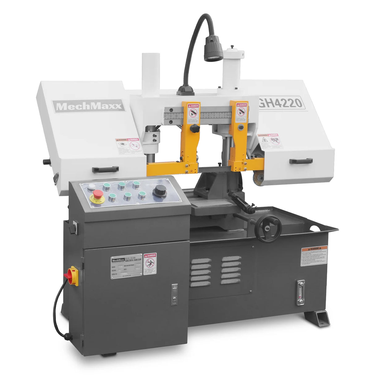 MechMaxx 8 Inch 7-7/8" x 7-7/8" Capacity Double Column Horizontal Metal Cutting Band Saw, Vertical Lifting, Gearbox Driven Two-Speed Motor, Hydraulic Feed, Manual Clamping, Coolant System Industrial Bandsaw GH4220