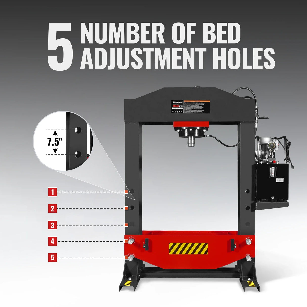 150 Ton H-Frame Electric Hydraulic Shop Press with Double-Acting Cylinder & Chain-Driven Table Lift, 110V Motor, Fully Welded Steel Frame, Safety Guard, HSP150E