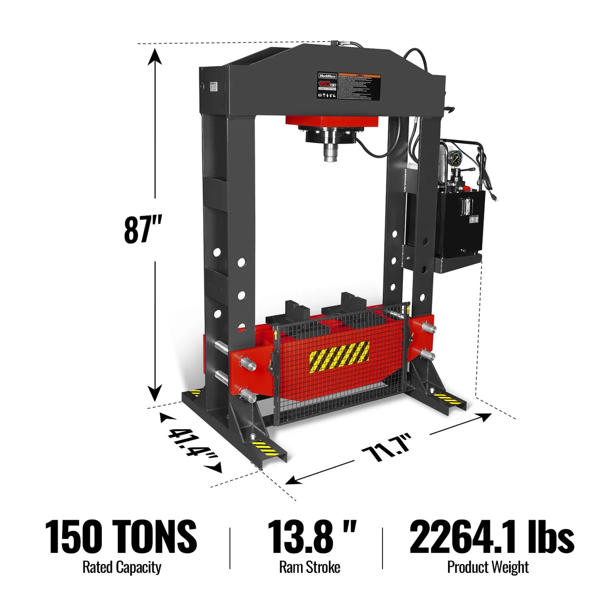 150 Ton H-Frame Electric Hydraulic Shop Press with Double-Acting Cylinder & Chain-Driven Table Lift, 110V Motor, Fully Welded Steel Frame, Safety Guard, HSP150E