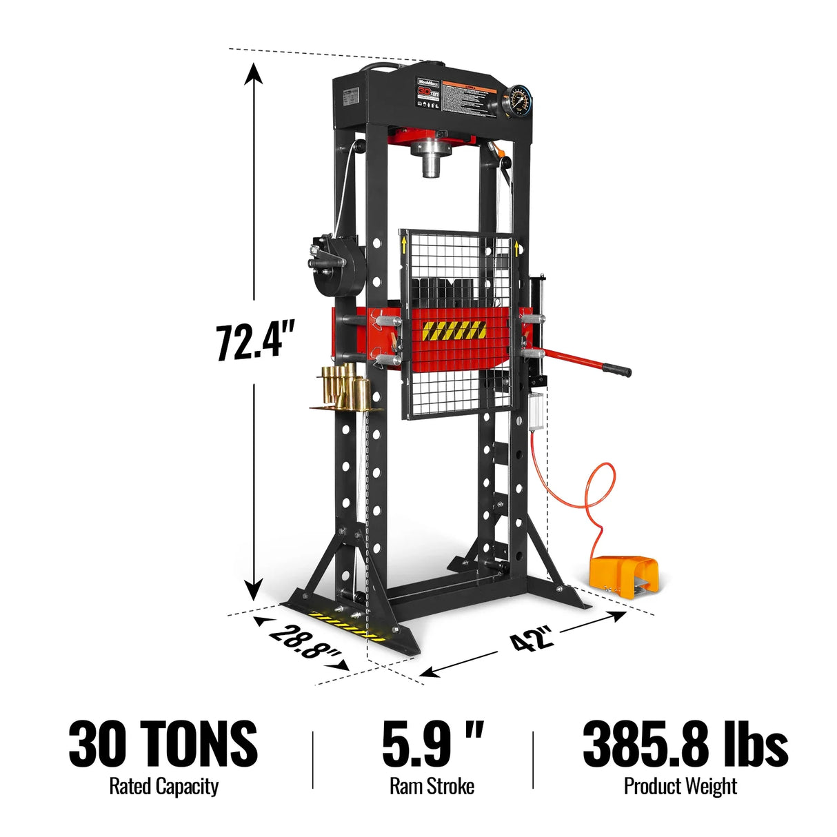 30 Ton H-Frame Air/Hydraulic Shop Press with Hand Winch & Press Pin Kit, Fully Welded Steel Frame, Safety Guard, Foot Pedal Control, HSP30