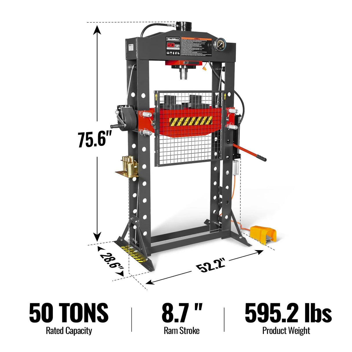 50 Ton H-Frame Air/Hydraulic Shop Press with Hand Winch & Press Pin Kit, Fully Welded Steel Frame, Safety Guard, Foot Pedal Control, HSP50