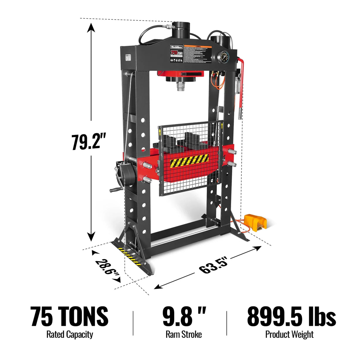 75 Ton H-Frame Air/Hydraulic Shop Press with Hand Winch, Fully Welded Steel Frame, Safety Guard, Foot Pedal Control, HSP75