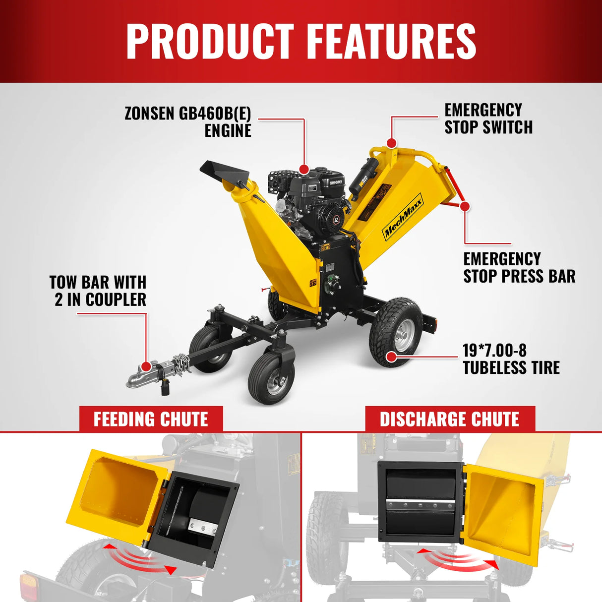 MechMaxx 6 inch E-start Zonsen 420cc 13.4hp Gas Powered 4 - Wheel Drum Wood Chipper with Taillight , B150