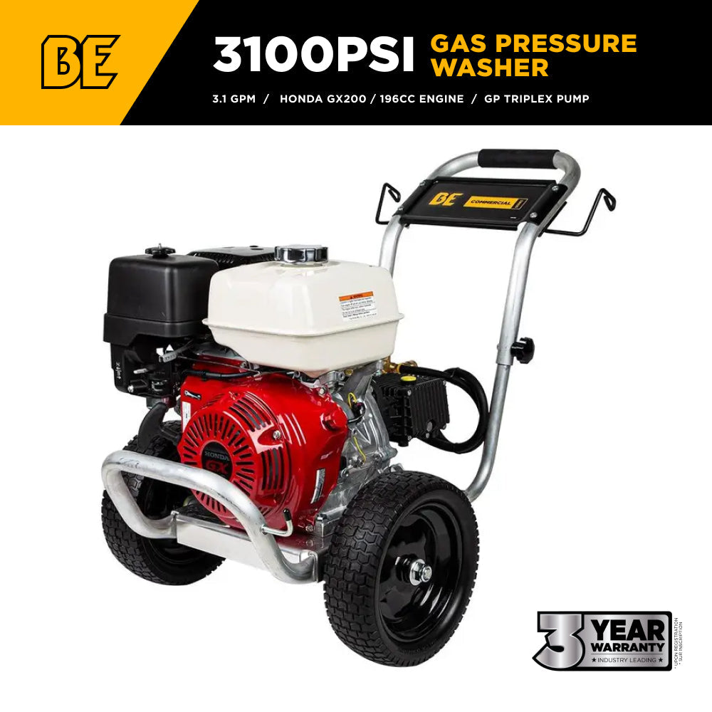 3,100 PSI 3.1GPM Cold Water Gas Pressure Washer Honda GX200 and General Triplex Pump on Aluminum Frame - B3165HAGS