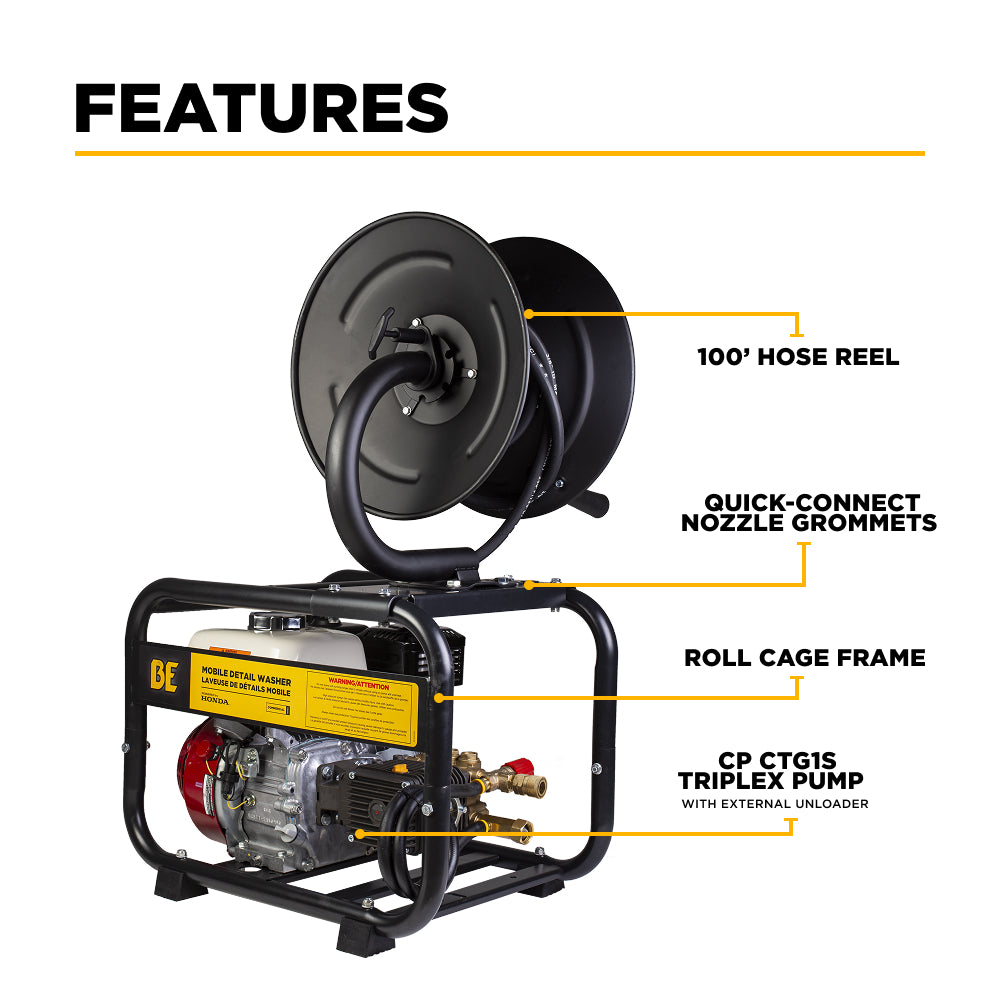 3,100 PSI 3.1 GPM Cold Water Gas Pressure Washer with Honda GX200 Engine and CP Triplex Pump on Roll Cage Frame with Hose Reel - B3165HRAS