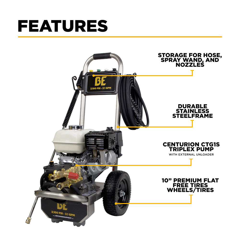 3,100 PSI 3.1 GPM Cold Water Gas Pressure Washer with Honda GX200 Engine and CP Triplex Pump on Stainless Steel Frame - B3165HSAS