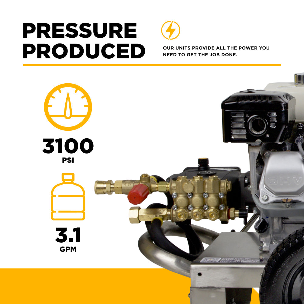 3,100 PSI 3.1 GPM Cold Water Gas Pressure Washer with Honda GX200 Engine and CP Triplex Pump on Stainless Steel Frame - B3165HSAS