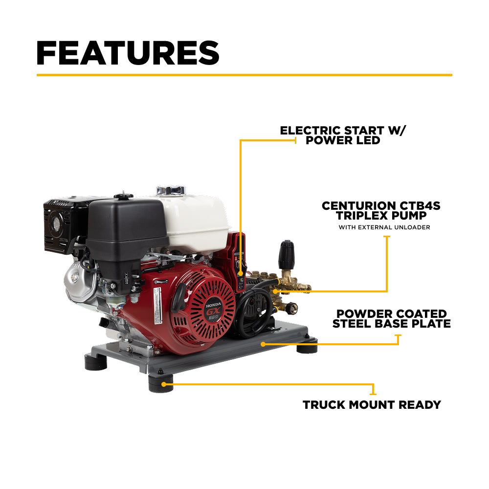 3,200 PSI 5.2 GPM Truck Mount Cold Water Gas Pressure Washer with Honda GX390 Electric Start Engine and CP Belt Drive Triplex Pump - B3213HETBAS