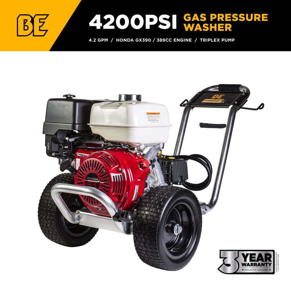 4,200 PSI 4.2 GPM Cold Water Gas Pressure Washer Honda GX390 Engine and General Triplex Pump on Aluminum Frame - B4213HAGS