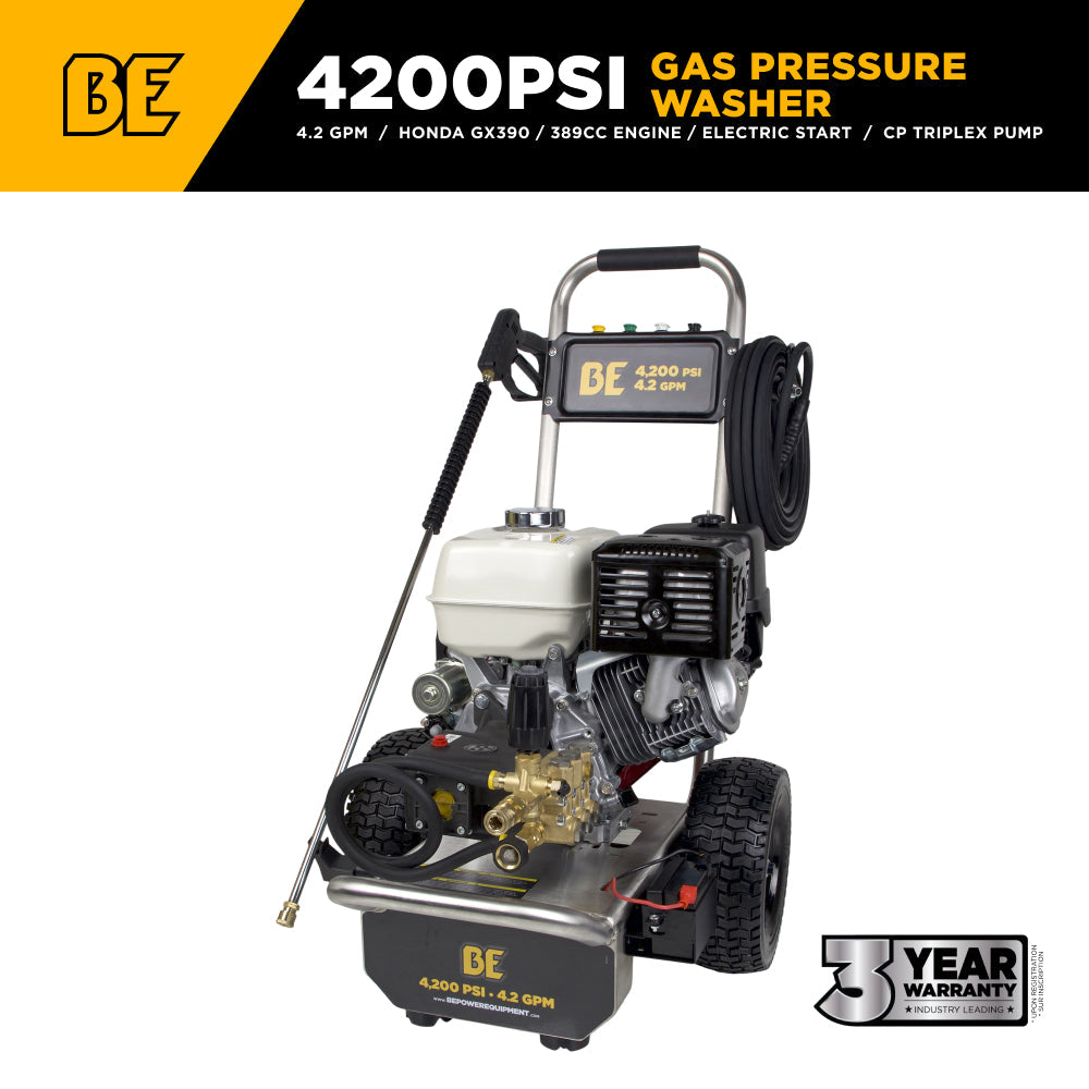 4,200 PSI 4.2 GPM Cold Water Gas Pressure Washer with Honda GX390 Electric Start Engine and CP Triplex Pump on Stainless Steel Frame - B4213HESAS