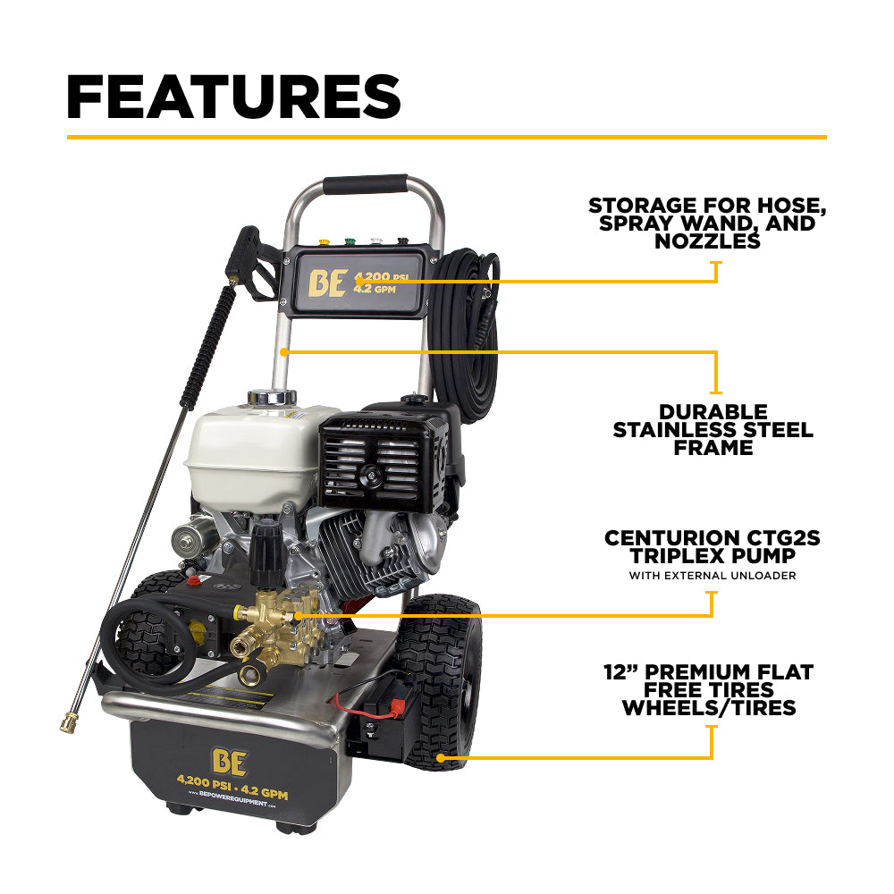 4,200 PSI 4.2 GPM Cold Water Gas Pressure Washer with Honda GX390 Electric Start Engine and CP Triplex Pump on Stainless Steel Frame - B4213HESAS