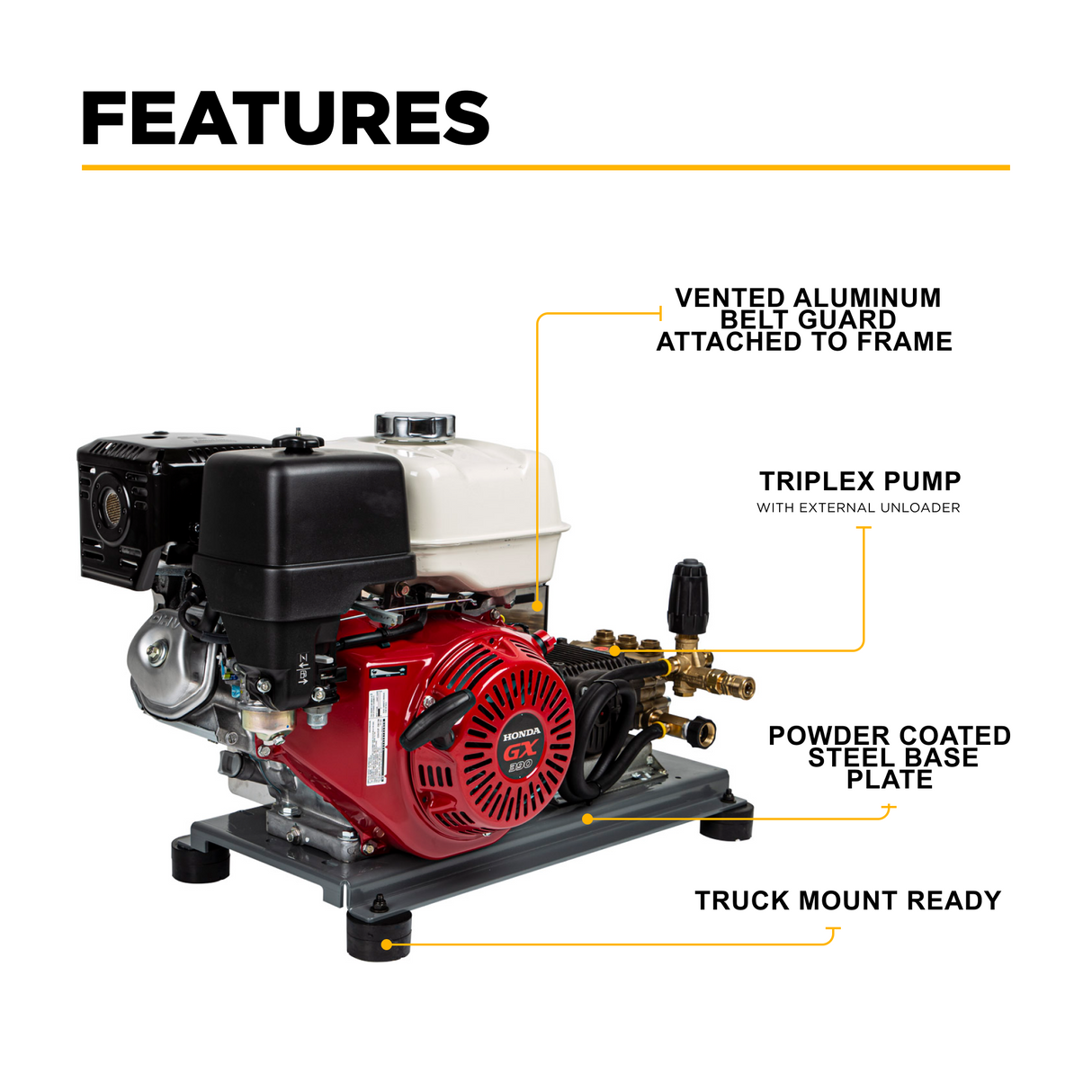4,200 PSI 4.2 GPM Truck Mount Cold Water Gas Pressure Washer with Honda GX390 Electric Start Engine and General Belt Drive Triplex Pump - B4213HETBGS
