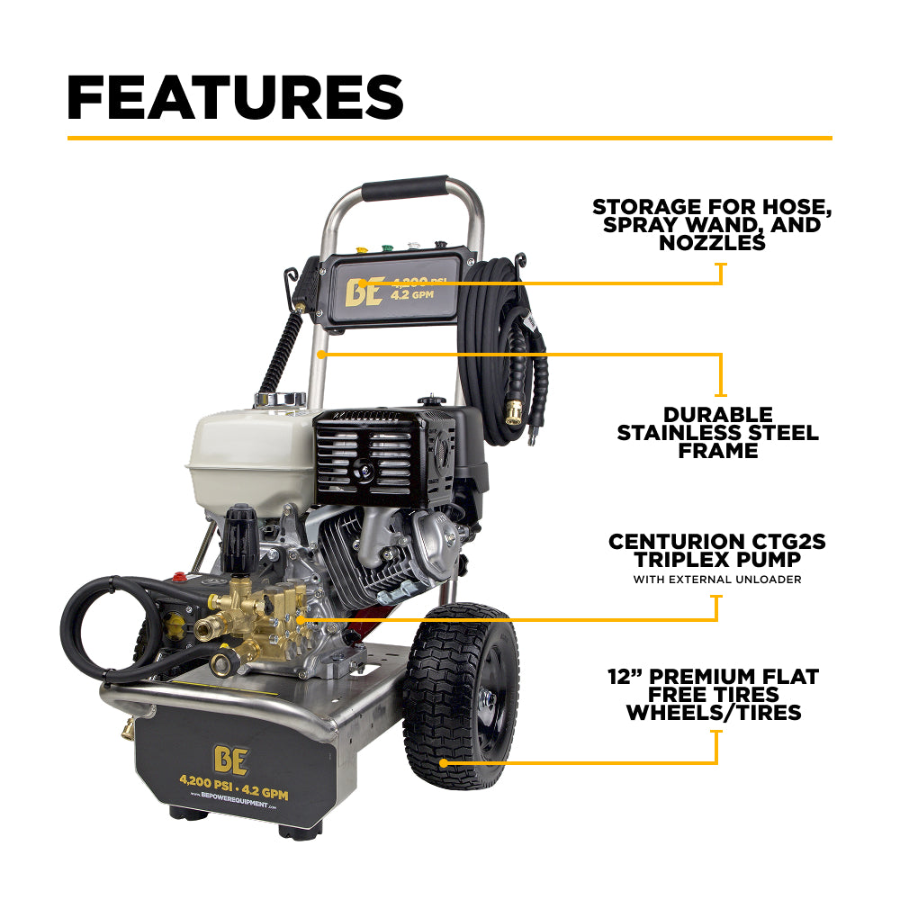 4,200 PSI 4.2 GPM Cold Water Gas Pressure Washer with Honda GX390 Engine and CP Triplex Pump on Stainless Steel Frame - B4213HSAS