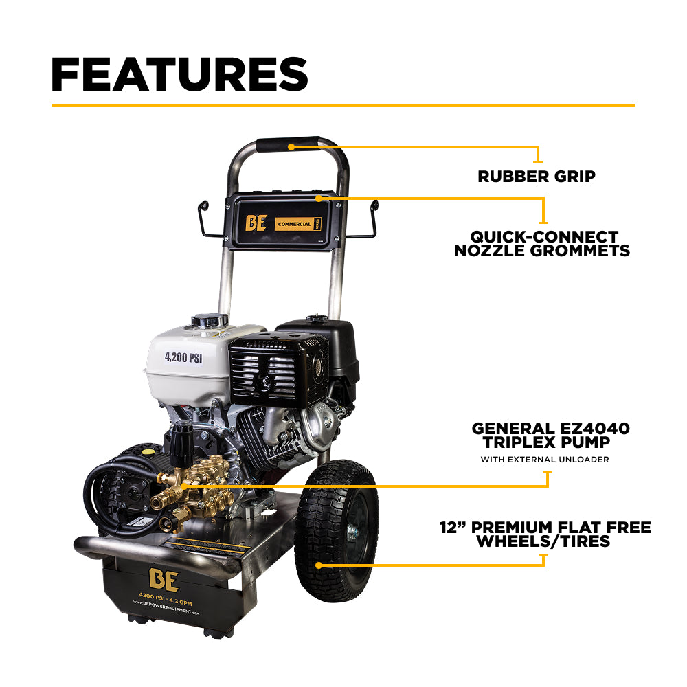 4,200 PSI 4.2GPM Cold Water Gas Pressure Washer Honda GX390 Engine and General Triplex Pump on Stainless Steel Frame - B4213HSGS
