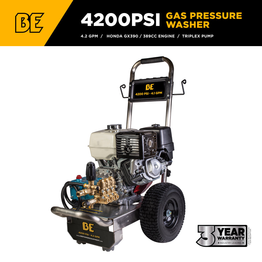 4.2GPM Cold Water Gas Pressure Washer Honda GX390 Engine and General Triplex Pump on Stainless Steel Frame - B4213HSJS