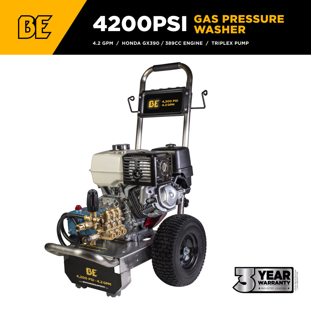 4,200 PSI 4.2 GPM Cold Water Gas Pressure Washer Honda GX390 Engine and CAT Triplex Pump on Stainless Steel Frame - B4213HSJ
