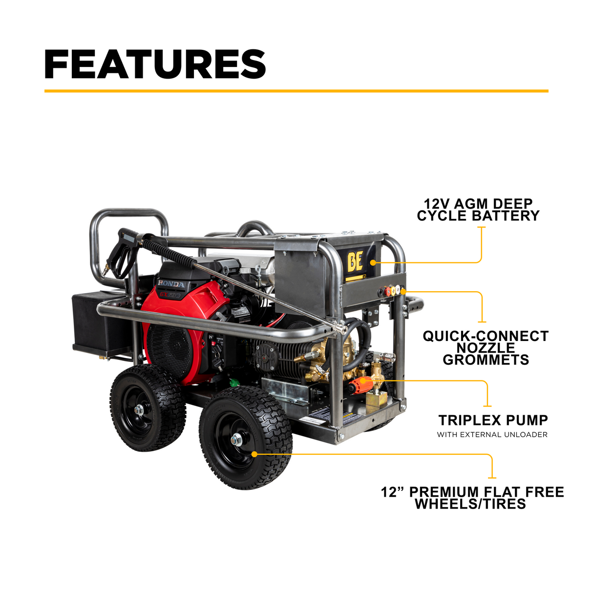 5,000 PSI 5.0 GPM Cold Water Gas Pressure Washer with Honda GX690 Engine and Comet Belt Drive Triplex Pump on Roll Cage Frame - PE-5024HWEBCOM