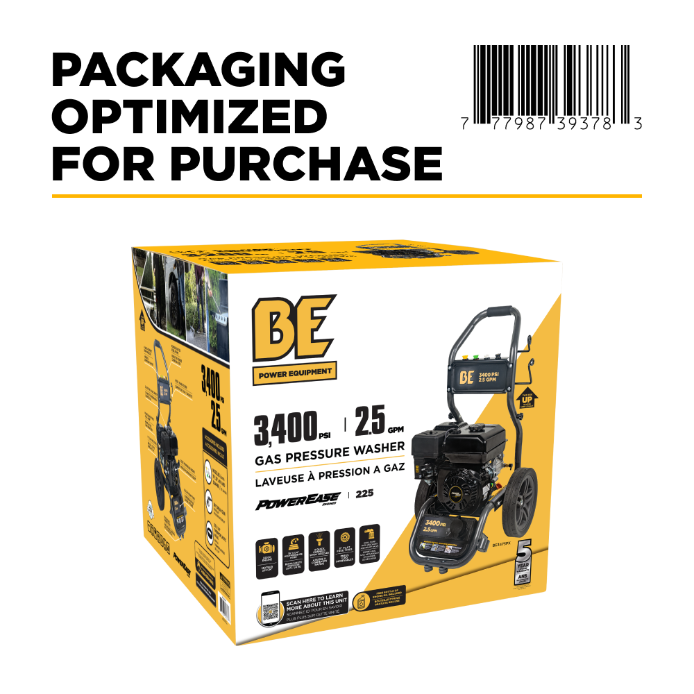 3,400PSI 2.5GPM Cold Water Gas Pressure Washer Powerease 223cc Engine and CP Axial Pump - BE3475PX
