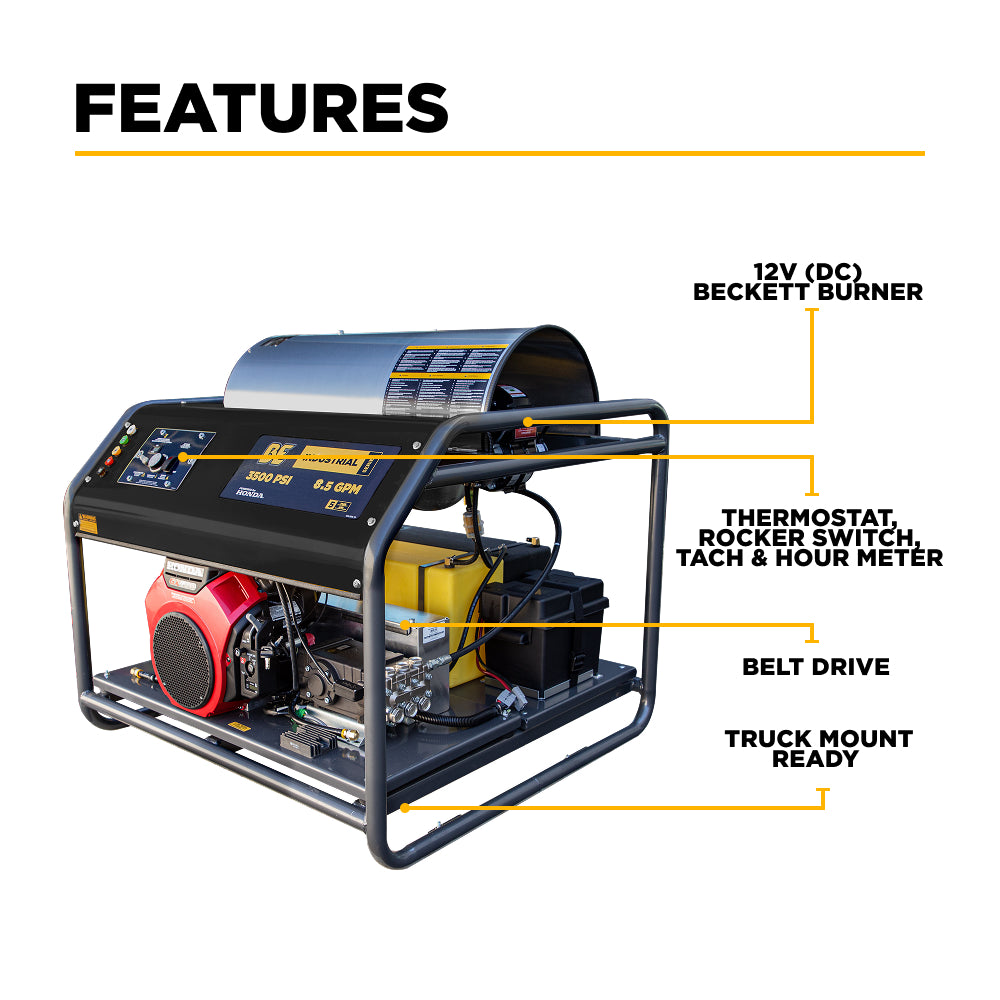 3,500 PSI 5.6GPM Hot Water Pressure Washer Honda GX690 Engine and General Triplex Pump - HW3524HG12V