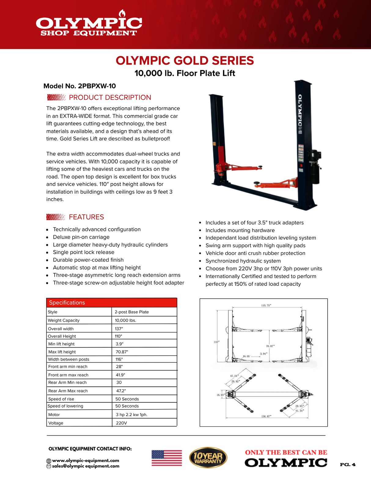 Olympic Equipment 10,000 lb Extra-Wide Base Plate 2-Post Car Lift 2PBPXW-10