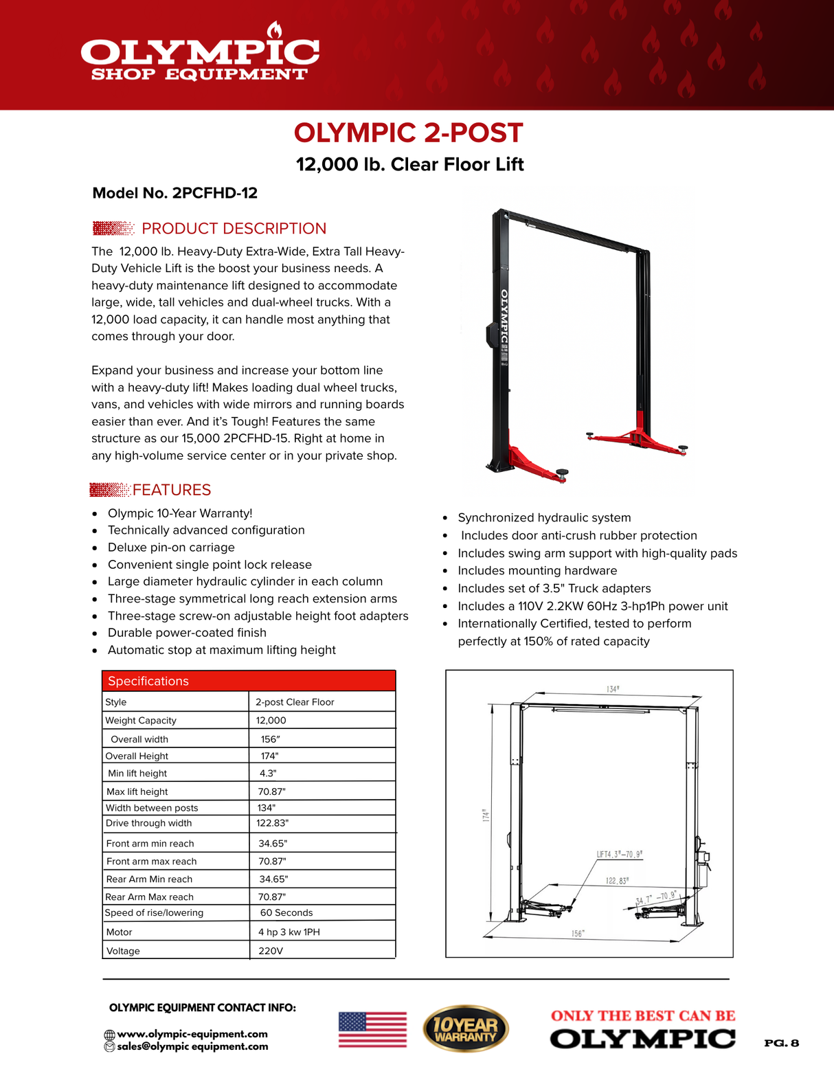 Olympic Equipment 12,000 lb HD Clearfloor 2-Post Car Lift 2PCFHD-12