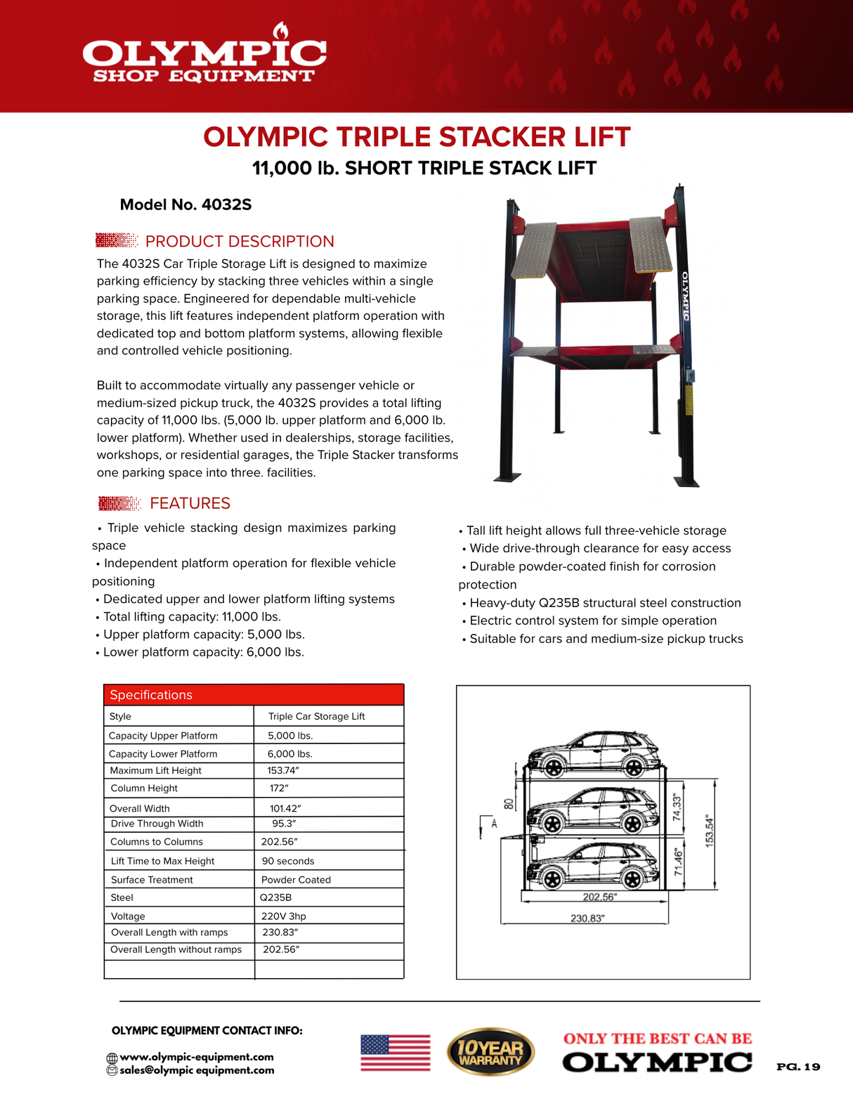 Olympic Equipment Triple Stacker-S 5,000/6,000 lb 3-Car Storage Parking Lift