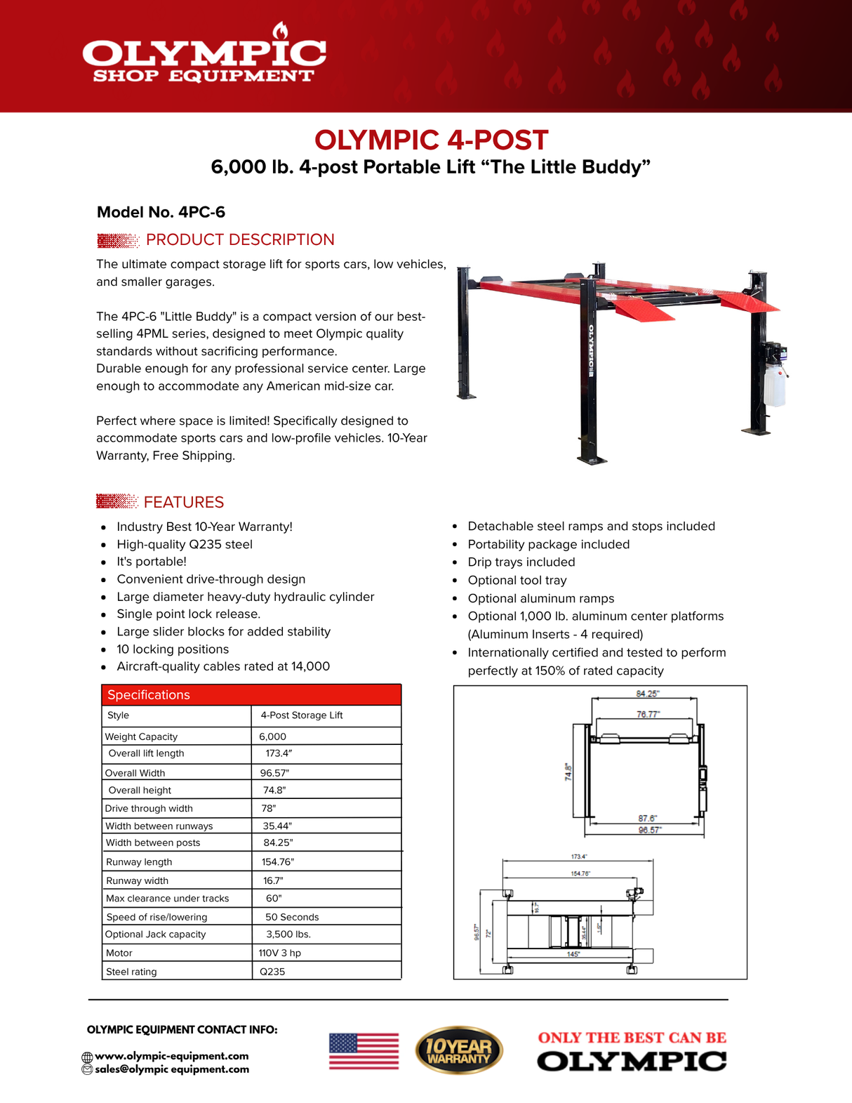 Olympic Equipment 6,000 lb Compact Portable Storage 4-Post Car Lift 4PC-6