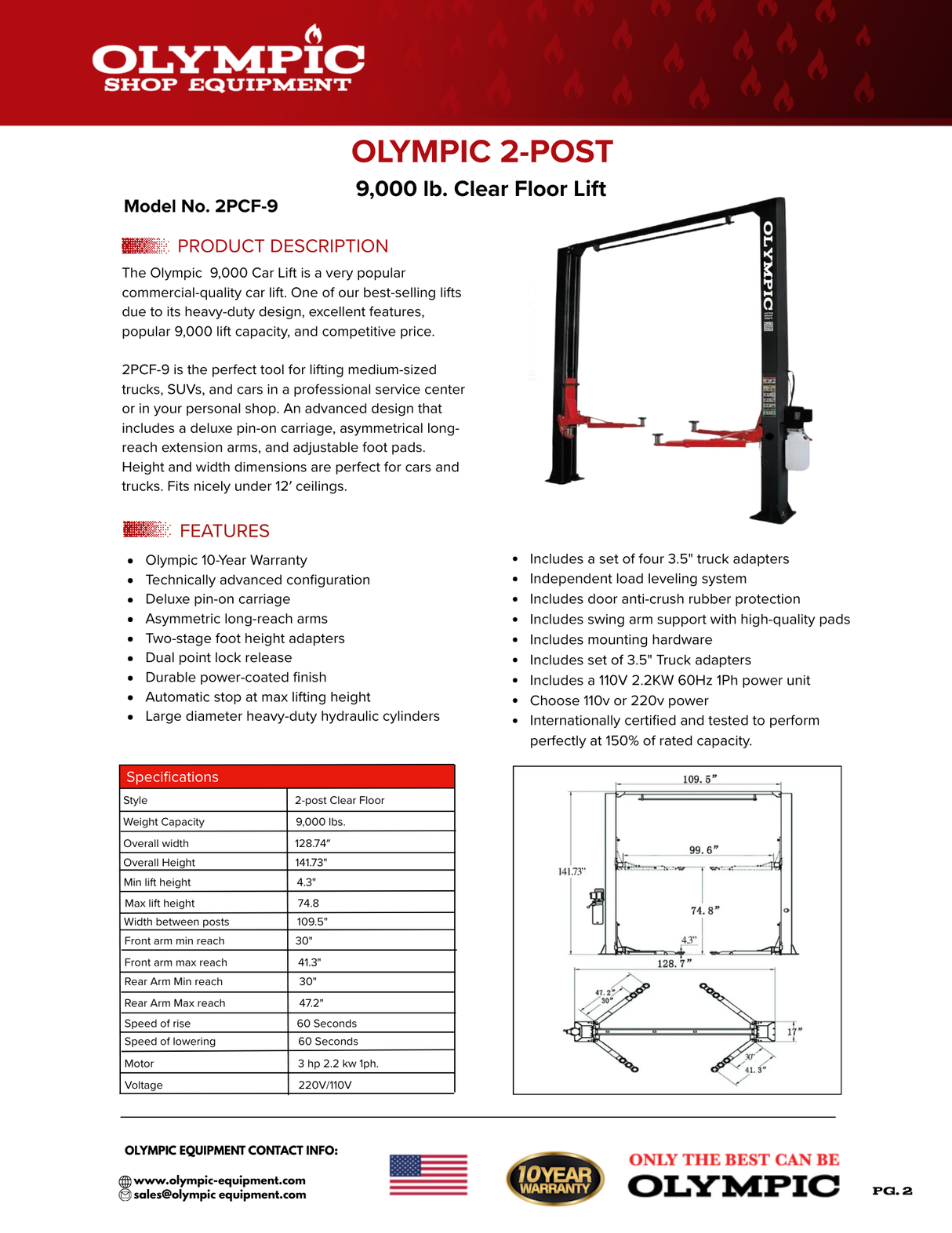Olympic Equipment 9,000 lb Symmetric Clearfloor 2-Post Car Lift 2PCF-9