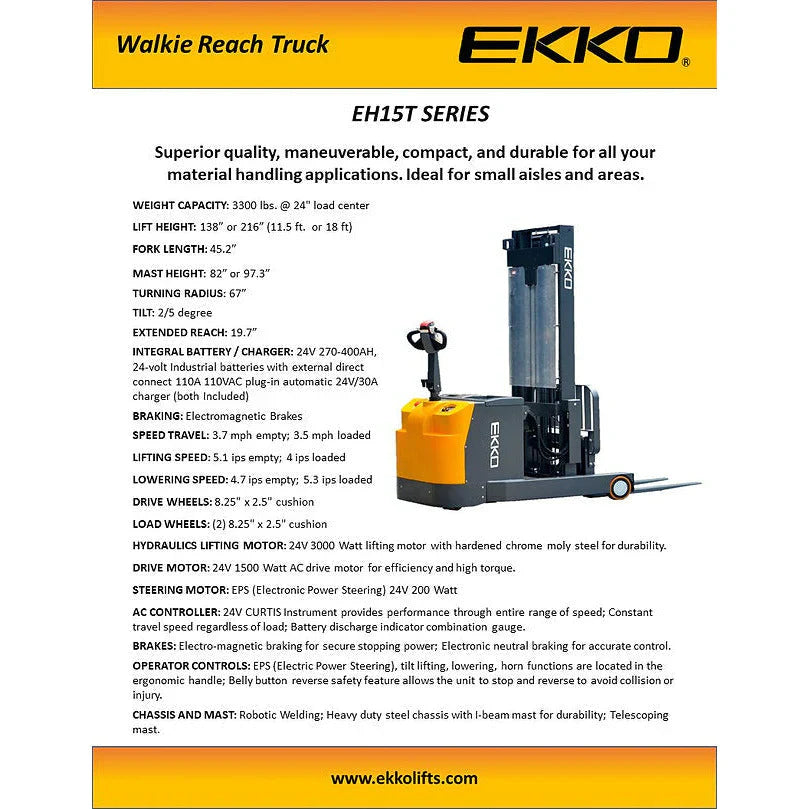 Electric Walkie Reach Truck | 3300 lbs. Capacity | Lift Height 216''| EKKO EH15TH