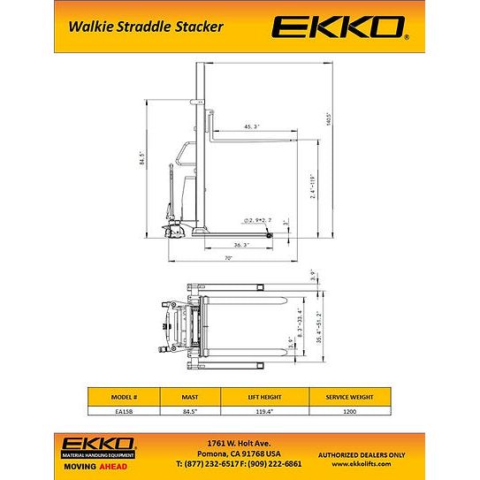 Semi-Electric Straddle Stacker | 3300 lbs Capacity | Lift Height 119.4'' | EKKO EA15B