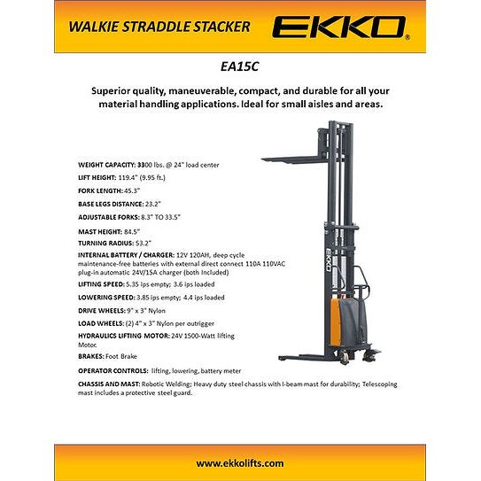 Semi-Electric Fork-Over Stacker | 3300 lbs Capacity | Lift Height 119.3'' | EKKO EA15C