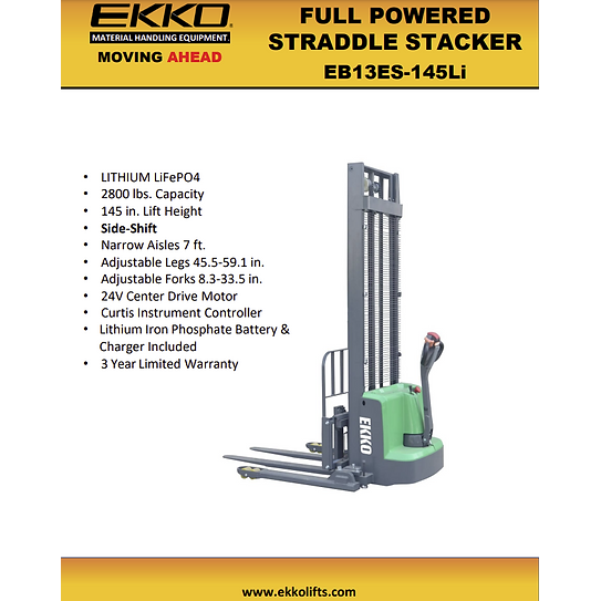 Electric Straddle Stacker | 2800 lbs Capacity | Lift Height 145'' | EKKO EB13ES-145Li