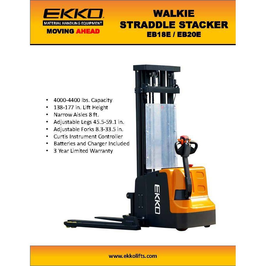Electric Straddle Stacker | 4400 lbs Capacity | Lift Height 177'' | EKKO EB20E